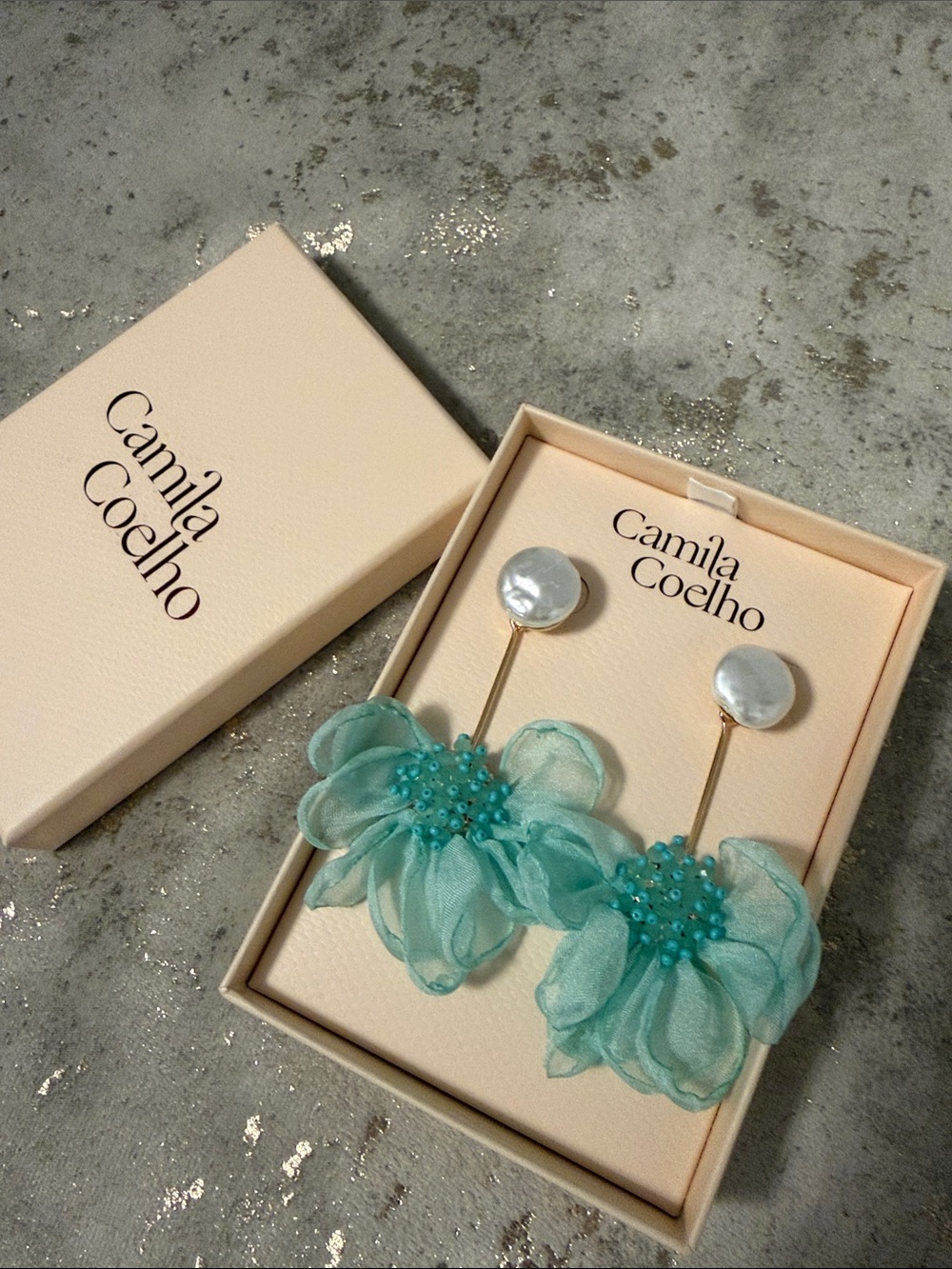 Camila Coelho Aqua Floral Drop Earrings with Pearl Tops